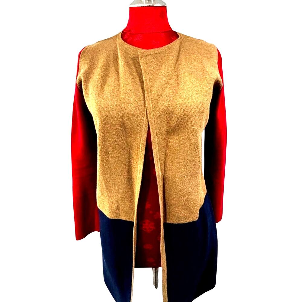 J. Crew open front long cardigan knit jacket XXS color block tan red navy blue